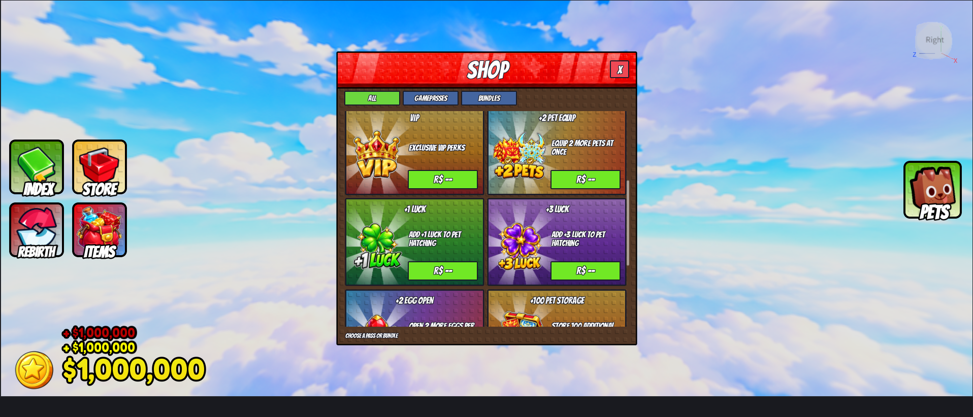 Gamepass shop Roblox interface designed by Renolicious